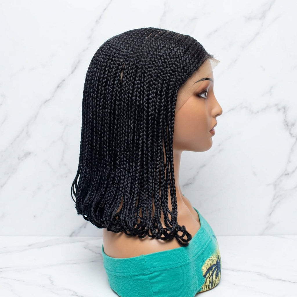 Black braided wig with a full lace front, displayed on a mannequin head in profile against a light gray background.