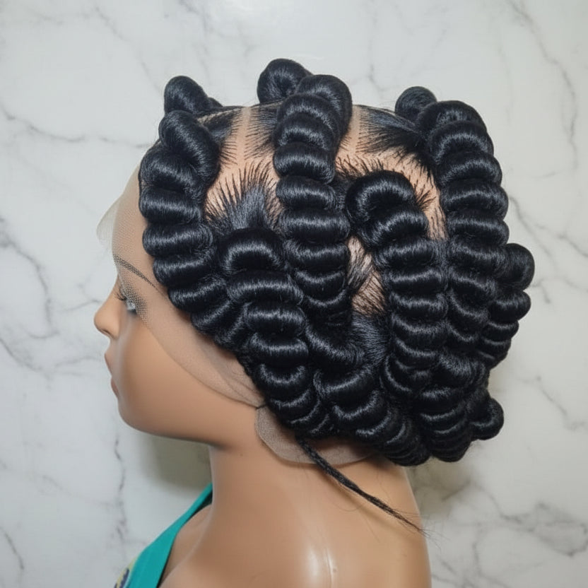 Handmade Bantu Knots Braided Wig: Jumbo Twist Bun Braids, Full Lace with Baby Hair.