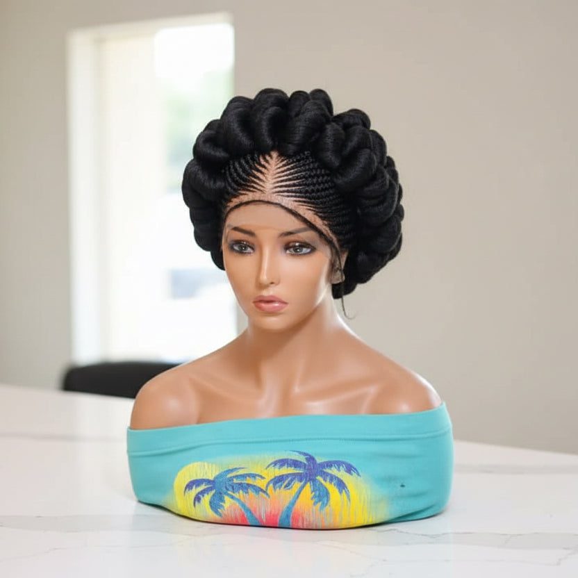 Braided Wig. Jumbo Twist Braids Puff Knots. Full Lace with Baby Hair. Bun Braid