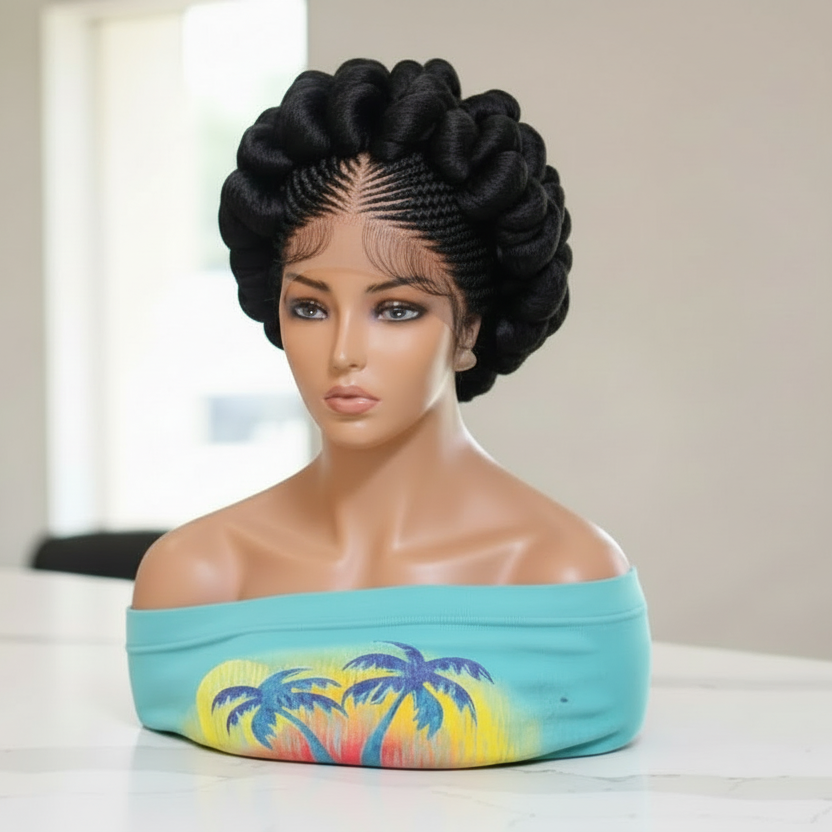 Braided Wig. Jumbo Twist Braids Puff Knots. Full Lace with Baby Hair. Bun Braid