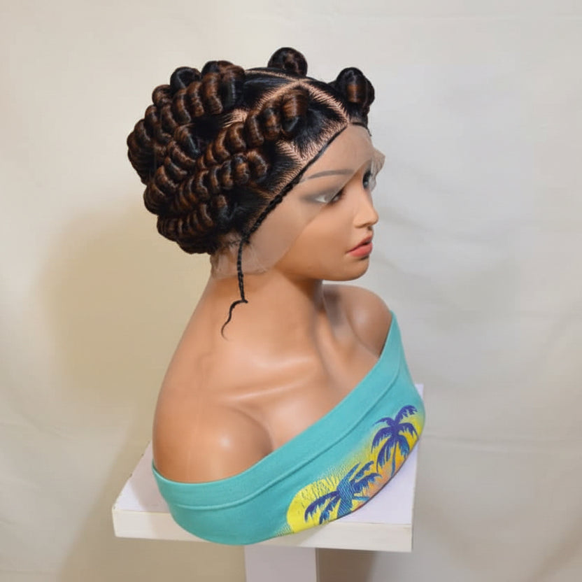 Handmade Bantu Knots Braided Wig: Jumbo Twist Bun Braids, Full Lace with Baby Hair.