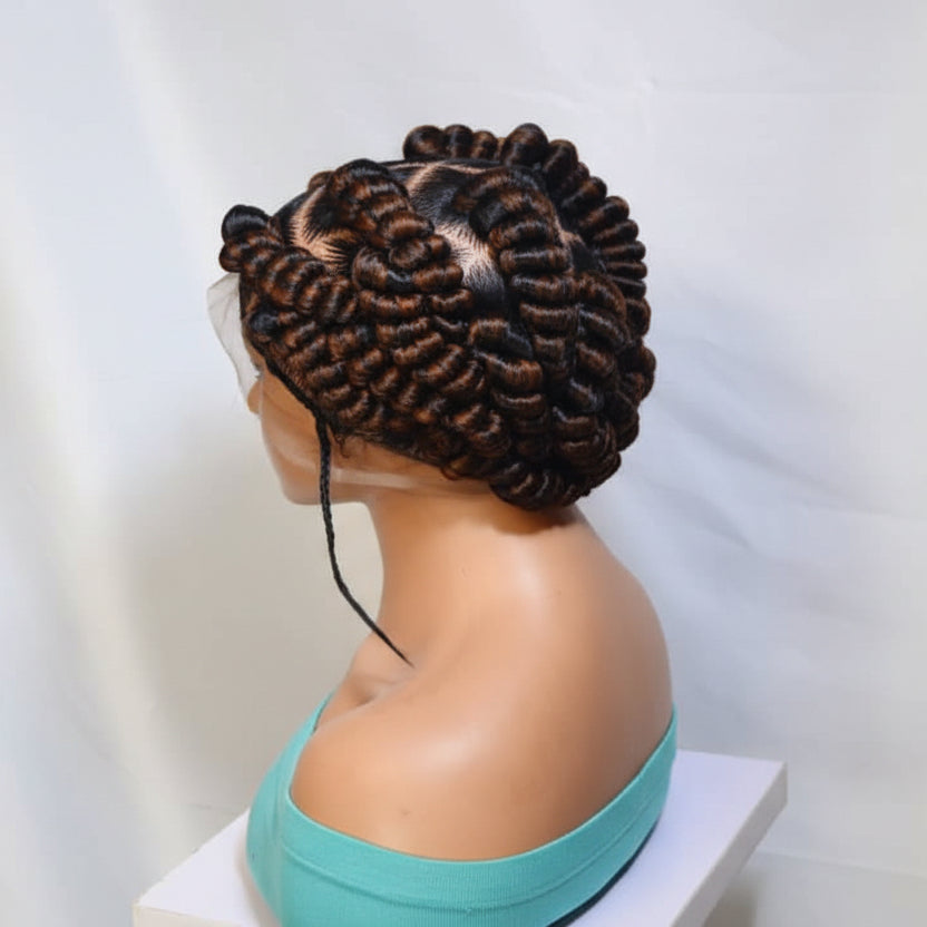 Handmade Bantu Knots Braided Wig: Jumbo Twist Bun Braids, Full Lace with Baby Hair.