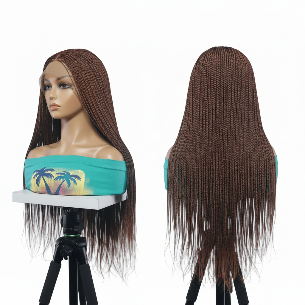 Micro Knotless Braids Wig, 360 HD Full Lace Cap, Copper Brown, 32 Inch Length, Ready-to-Wear