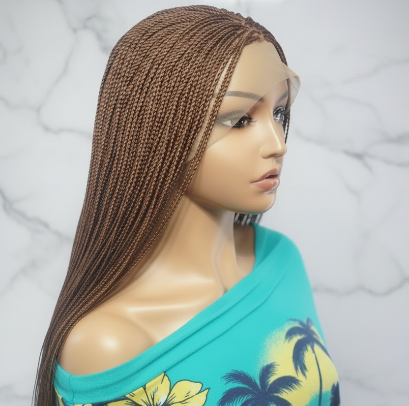 Micro Knotless Braids Wig, 360 HD Full Lace Cap, Copper Brown, 32 Inch Length, Ready-to-Wear