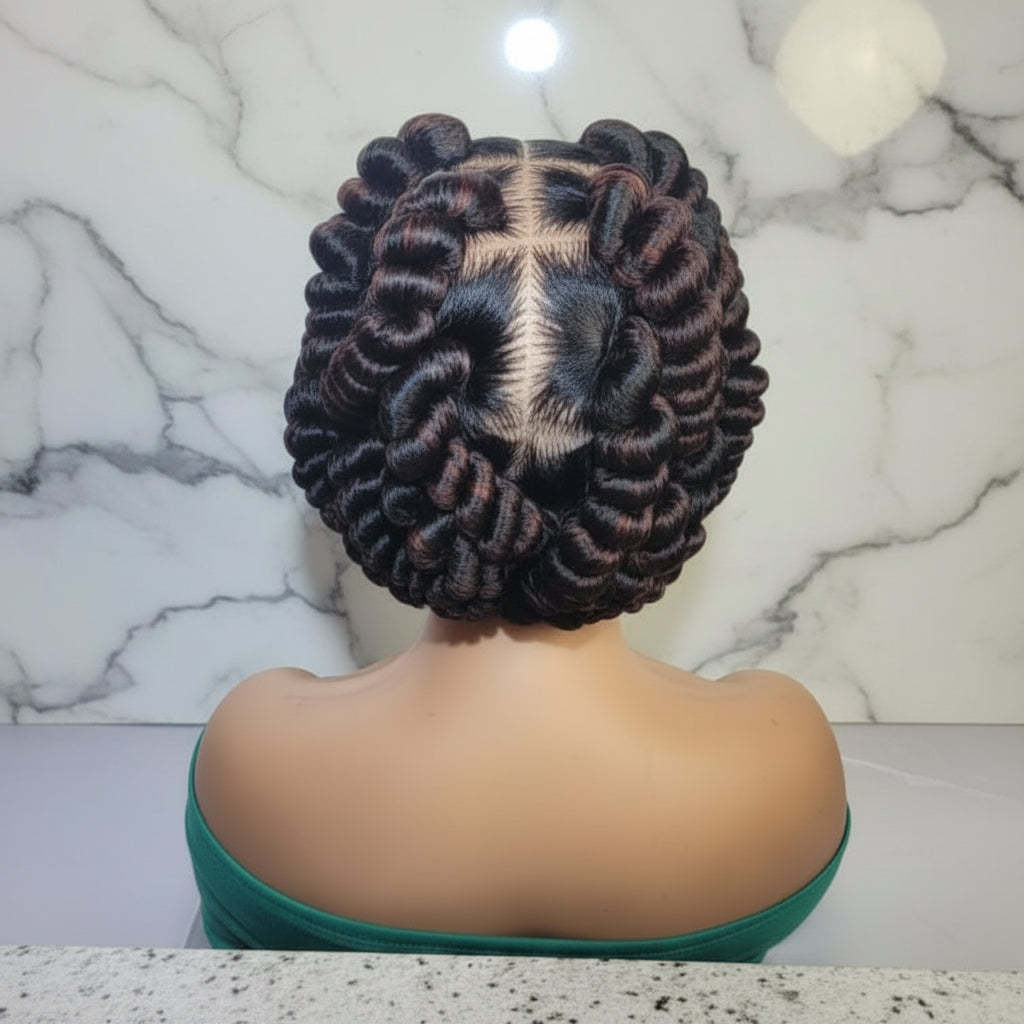 Handmade Bantu Knots Braided Wig: Jumbo Twist Bun Braids, Full Lace with Baby Hair.