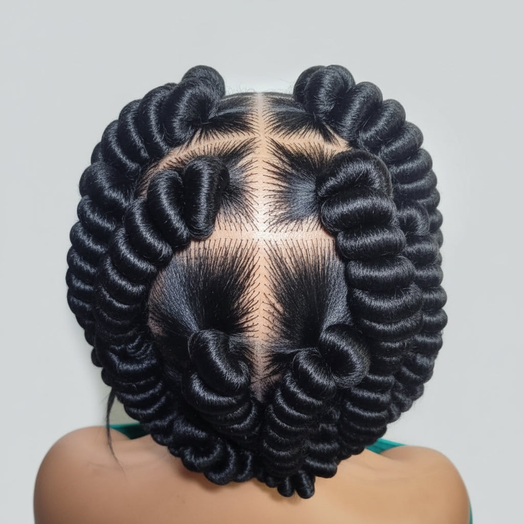 Handmade Bantu Knots Braided Wig: Jumbo Twist Bun Braids, Full Lace with Baby Hair.