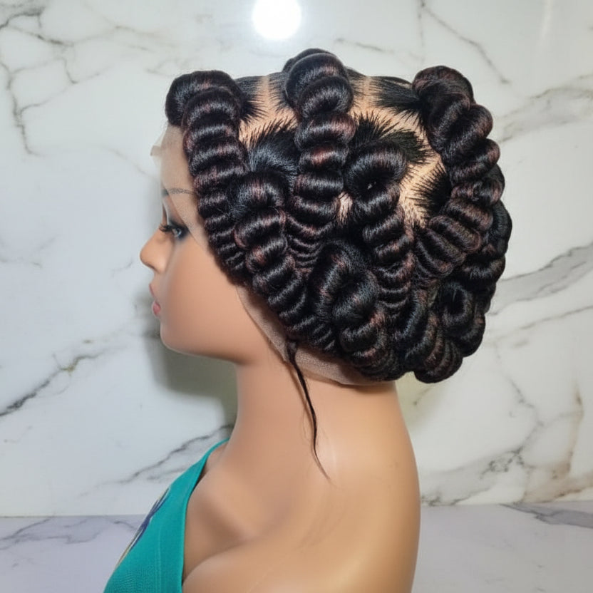 Handmade Bantu Knots Braided Wig: Jumbo Twist Bun Braids, Full Lace with Baby Hair.