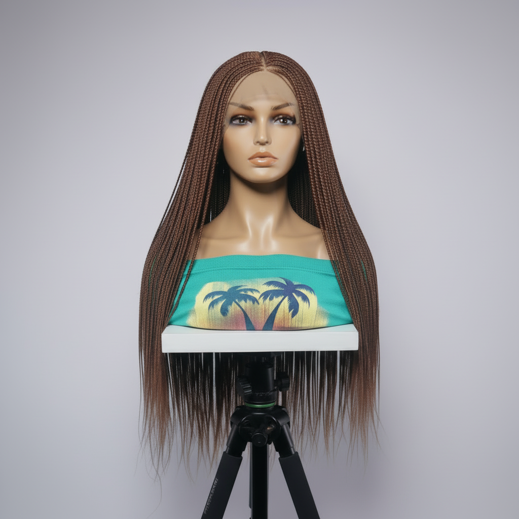 Micro Braids Wig, Full Lace Cap, Copper Brown, 32 Inch Length, Ready-to-Wear