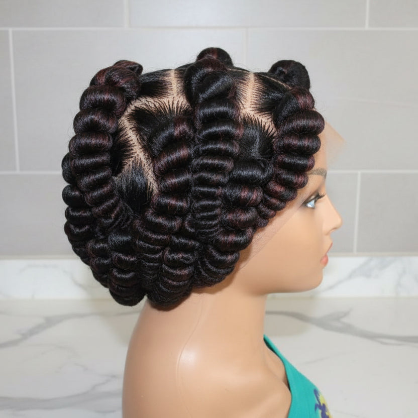 Handmade Bantu Knots Braided Wig: Jumbo Twist Bun Braids, Full Lace with Baby Hair.