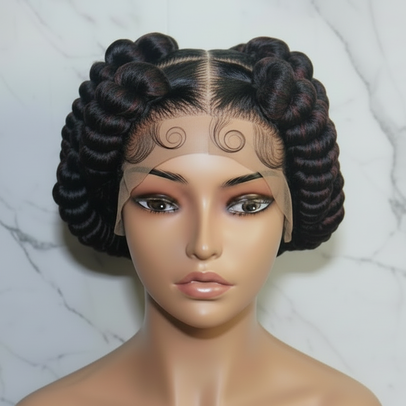 Handmade Bantu Knots Braided Wig: Jumbo Twist Bun Braids, Full Lace with Baby Hair.