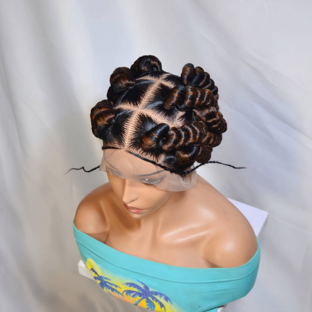 Handmade Bantu Knots Braided Wig: Jumbo Twist Bun Braids, Full Lace with Baby Hair.