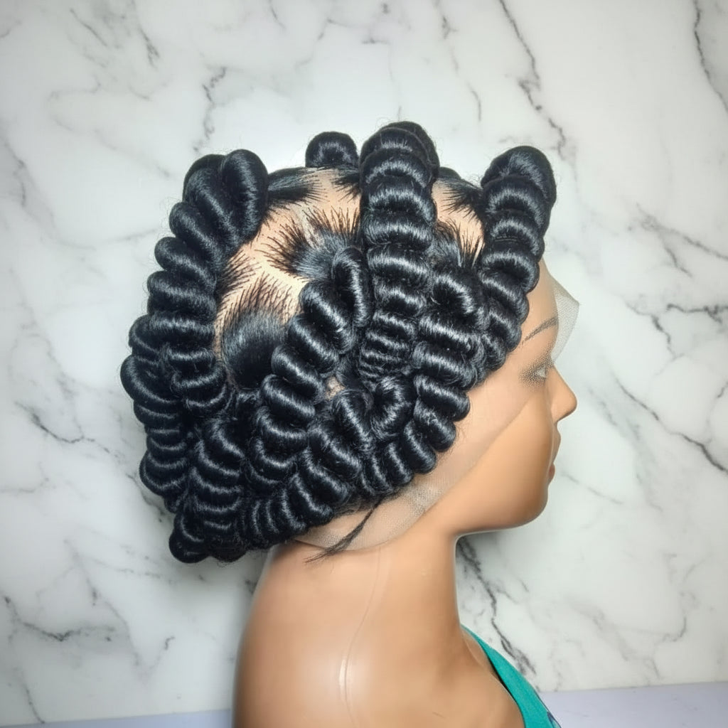 Handmade Bantu Knots Braided Wig: Jumbo Twist Bun Braids, Full Lace with Baby Hair.