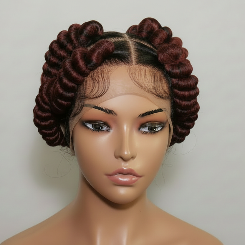 Handmade Bantu Knots Braided Wig: Jumbo Twist Bun Braids, Full Lace with Baby Hair.