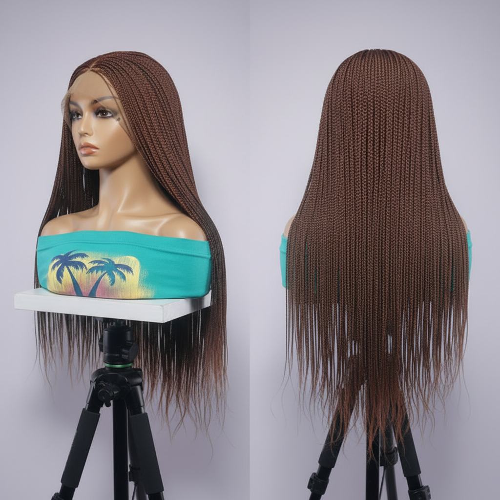 Micro Knotless Braids Wig, 360 HD Full Lace Cap, Copper Brown, 32 Inch Length, Ready-to-Wear
