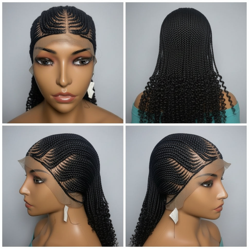 Braided Wig. Cornrow Braids with Spring Curls. Full Lace Baby Hair.
