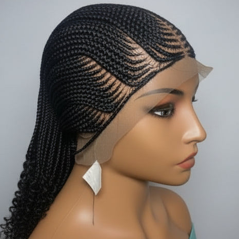 Braided Wig. Cornrow Braids with Spring Curls. Full Lace Baby Hair.