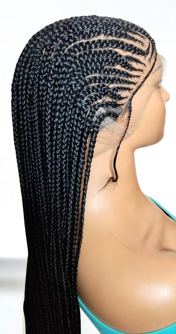 Black Braided Wig. Cornrow with Single Braids. Full Lace With Baby Hair