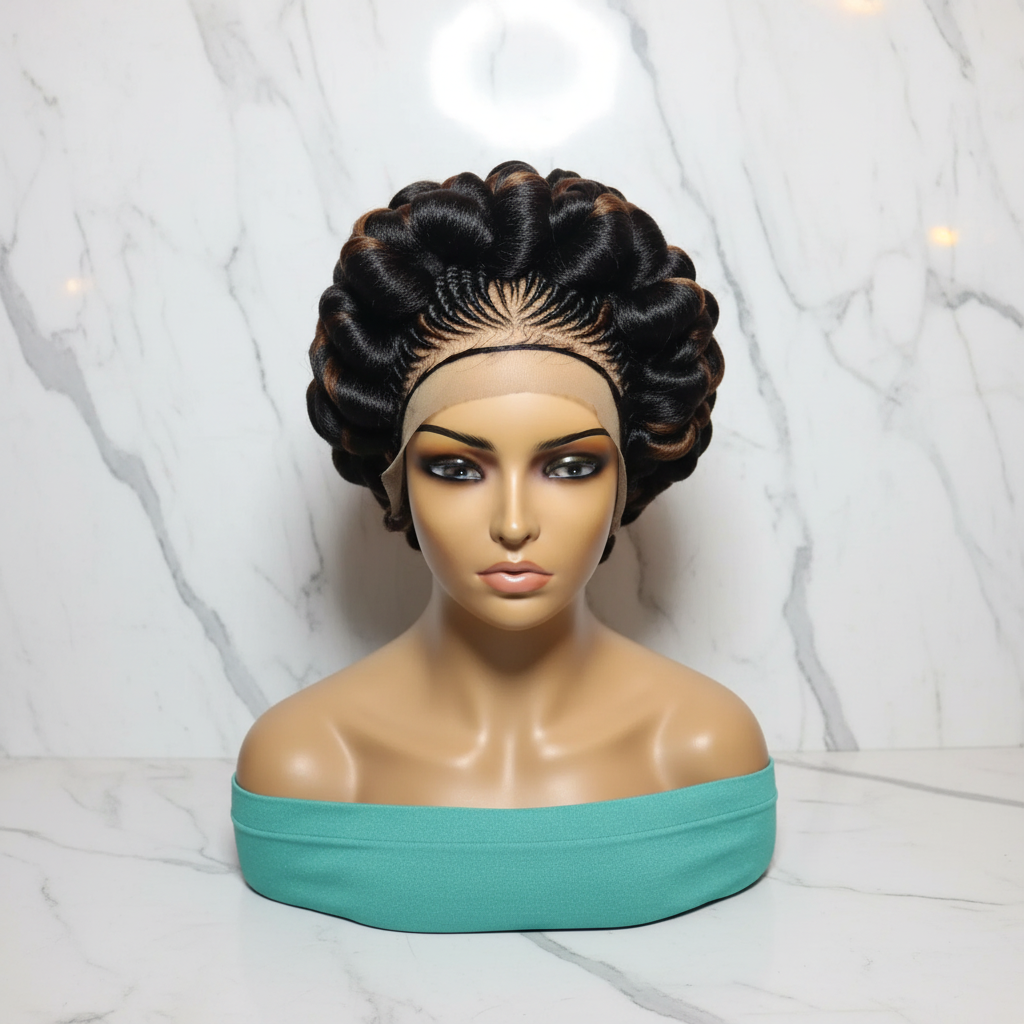 Braided Wig. Jumbo Twist Braids Puff Knots. Full Lace with Baby Hair. Bun Braid