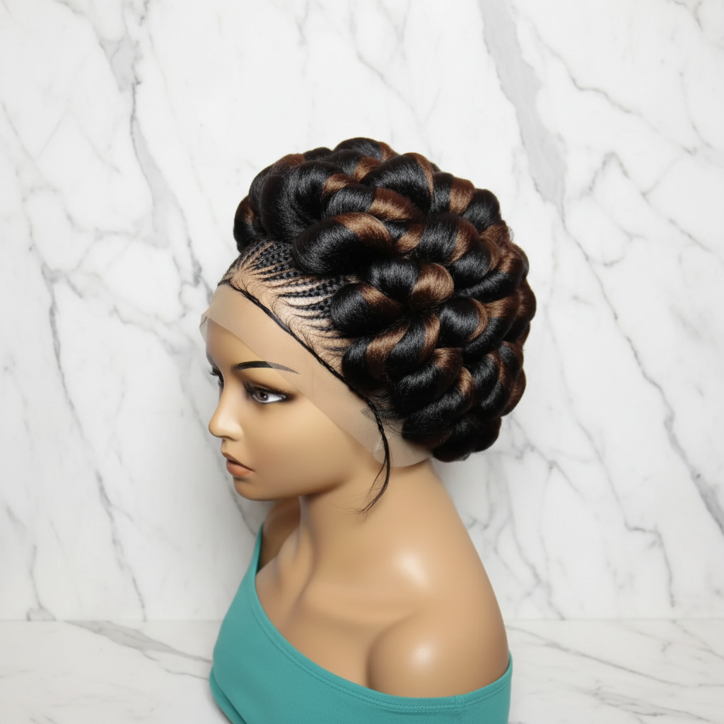 Braided Wig. Jumbo Twist Braids Puff Knots. Full Lace with Baby Hair. Bun Braid
