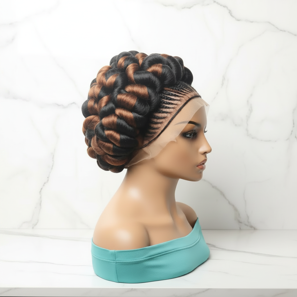 Braided Wig. Jumbo Twist Braids Puff Knots. Full Lace with Baby Hair. Bun Braid