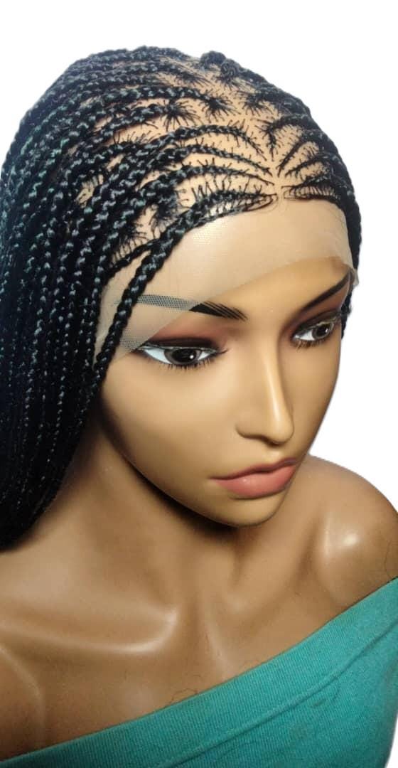 Black and Green Knotless Box Braids. Handmade Cornrow Braided Wig. Full Lace Baby Hair