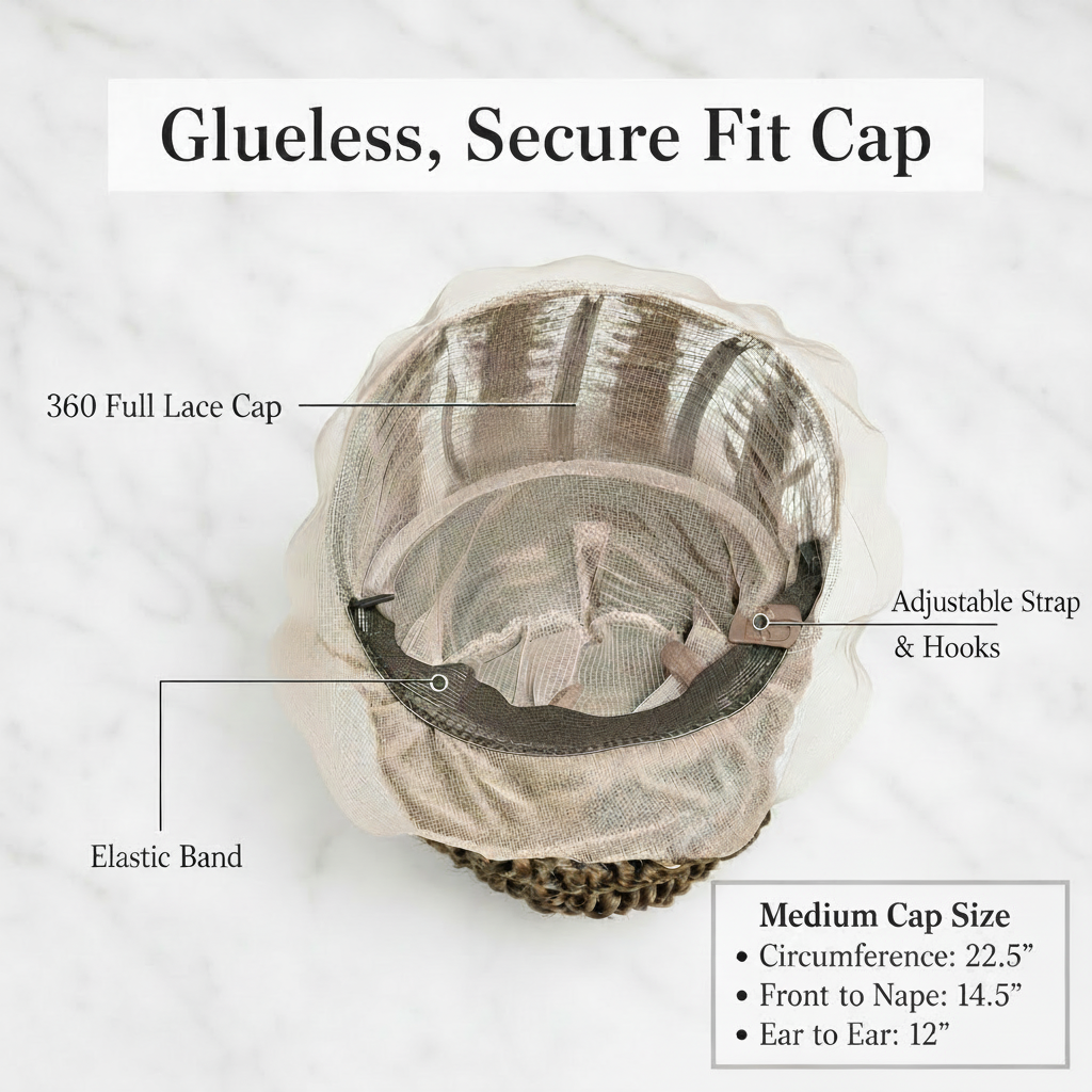 Inside cap construction of glueless bun braided wig, featuring elastic band and adjustable straps for secure fit. medium cap size measurements. 