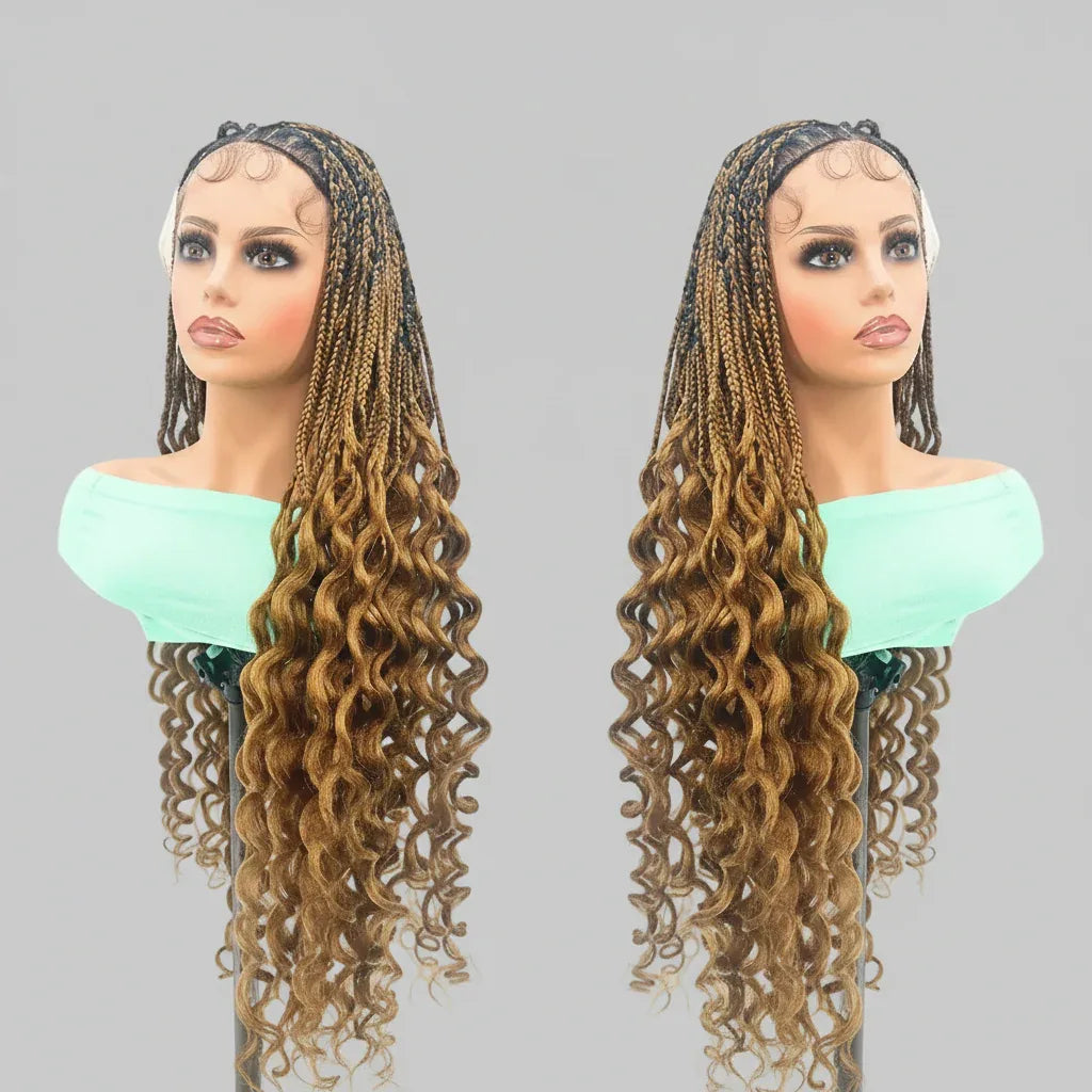 Knotless Box Braids Braided Wig, with Deep Waves Curls. Full Lace Baby Hair - EC Braided Wigs
