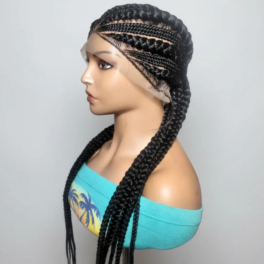 Jumbo Braids. Black Cornrow Braided Wig. Full Lace with Baby Hair - EC Braided Wigs