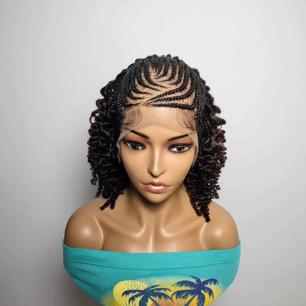 Braided Wig. Cornrow Braids with Spring Curls Back. Full Lace Baby Hair. - EC Braided Wigs