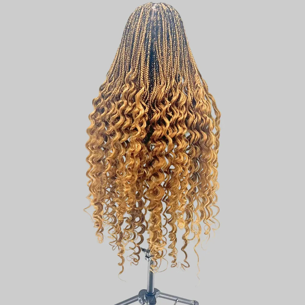 Knotless Box Braids Braided Wig, with Deep Waves Curls. Full Lace Baby Hair - EC Braided Wigs