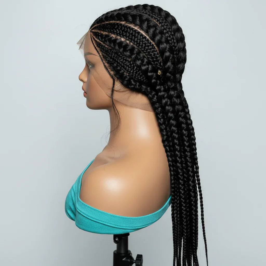 Jumbo Braids. Black Cornrow Braided Wig. Full Lace with Baby Hair - EC Braided Wigs