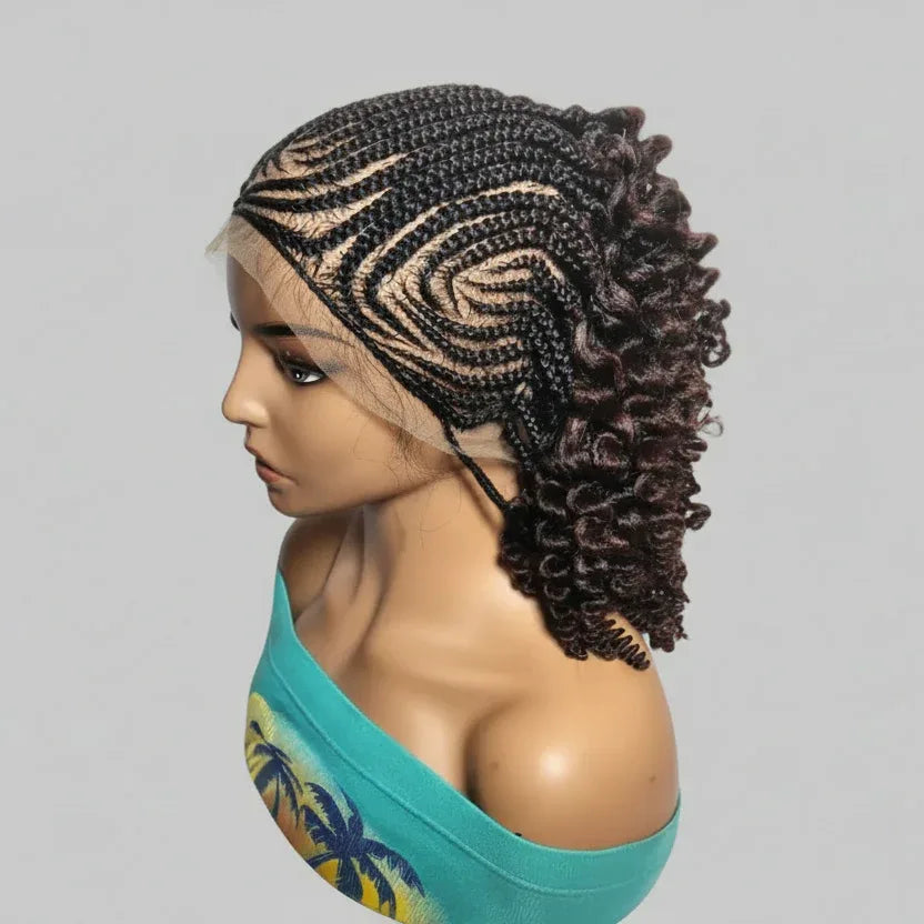 Braided Wig. Cornrow Braids with Spring Curls Back. Full Lace Baby Hair. - EC Braided Wigs