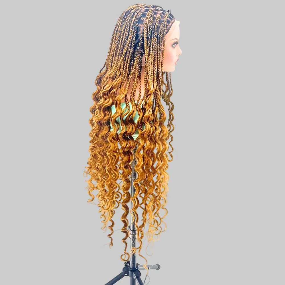 Knotless Box Braids Braided Wig, with Deep Waves Curls. Full Lace Baby Hair - EC Braided Wigs
