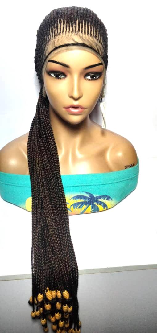Cornrow Braided Wig: 38 Inch Full Lace with Baby Hair. Lemonade Braids with Beads
