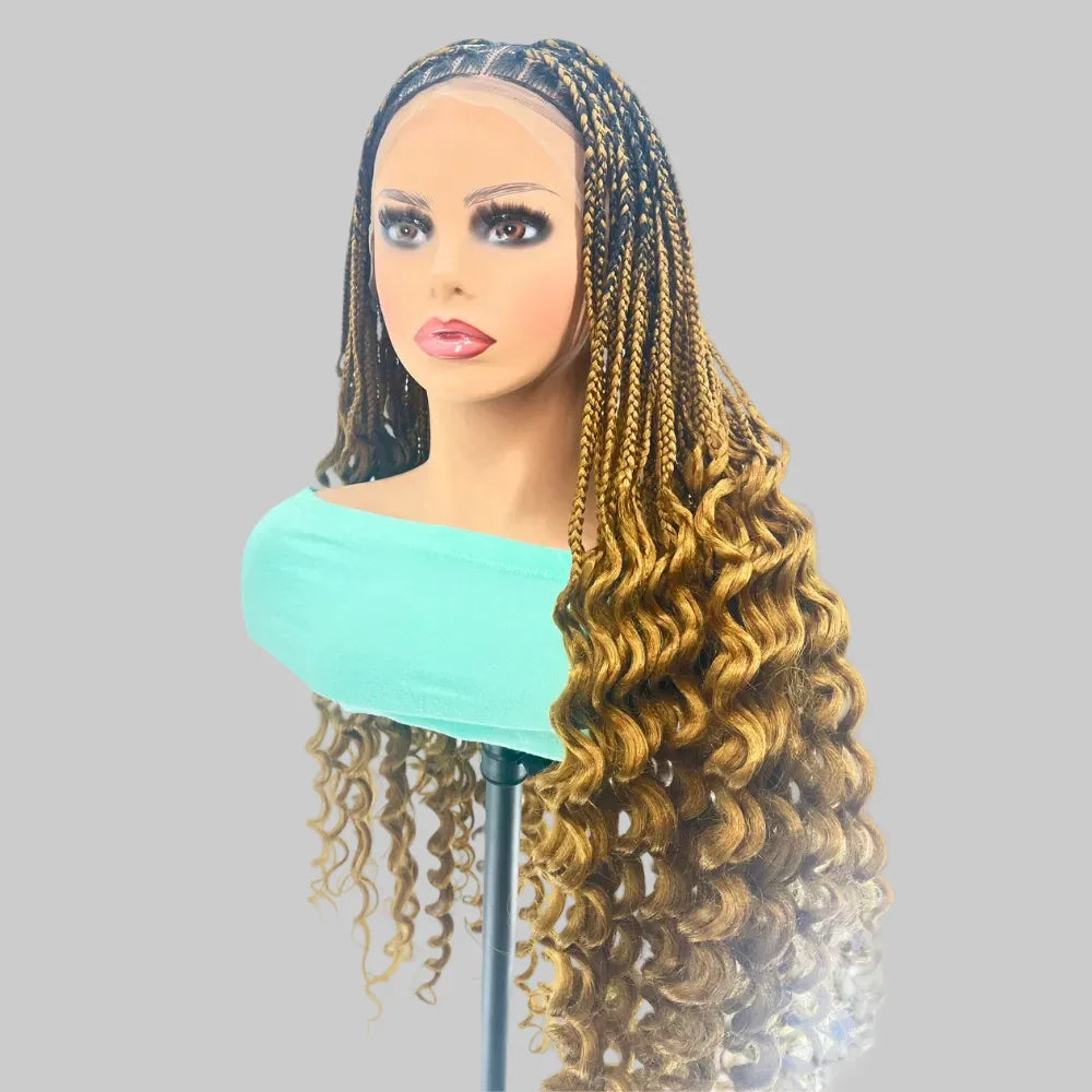 Knotless Box Braids Braided Wig, with Deep Waves Curls. Full Lace Baby Hair - EC Braided Wigs