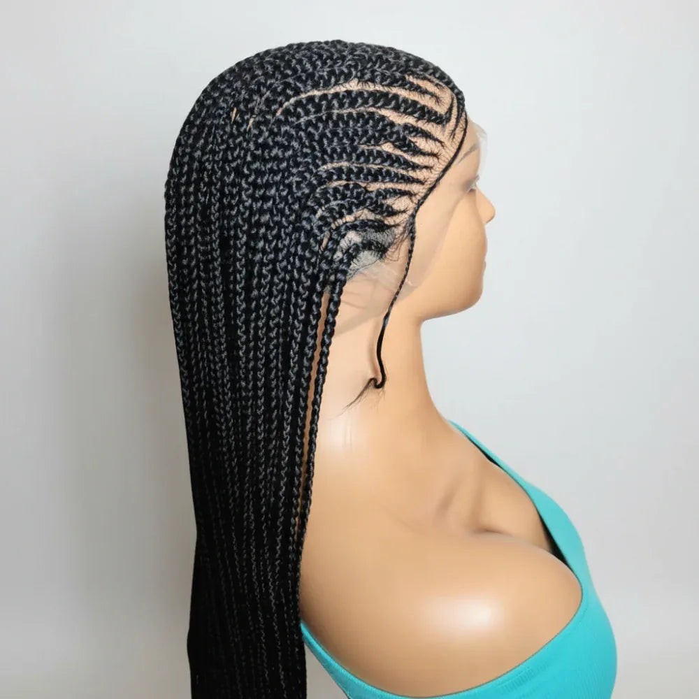 Black Braided Wig. Cornrow with Individual Braids. Full Lace With Baby Hair. 42ins - EC Braided Wigs