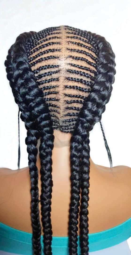 Black Braided Wig. Cornrow Large Double Braids. Full Lace Baby Hair