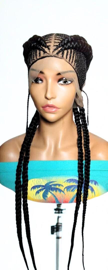 Black Braided Wig. Cornrow Large Double Braids. Full Lace Baby Hair