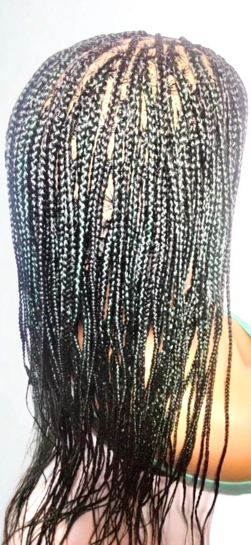 Black and Green Knotless Box Braids. Handmade Cornrow Braided Wig. Full Lace Baby Hair