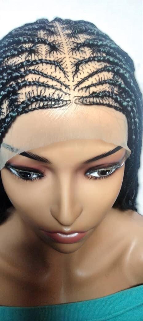 Black and Green Knotless Box Braids. Handmade Cornrow Braided Wig. Full Lace Baby Hair