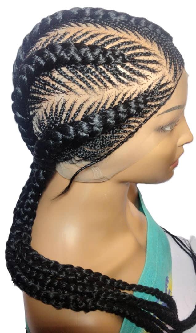 Black Braided Wig. Long Jumbo Cornrow Braids. Full Lace Baby Hair, Lemonade Braids.