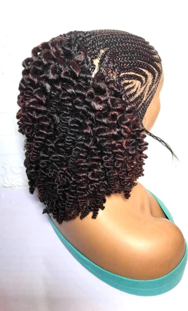 Braided Wig. Black and Auburn Cornrow Braids with Spring Curls. Full Lace Baby Hair.