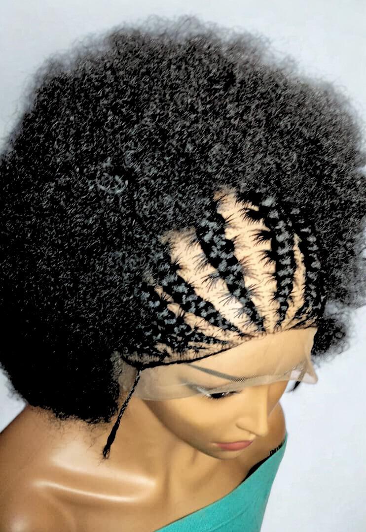 Black Kinky Natural Afro Updo Braided Wig. Full Lace with Baby Hair.