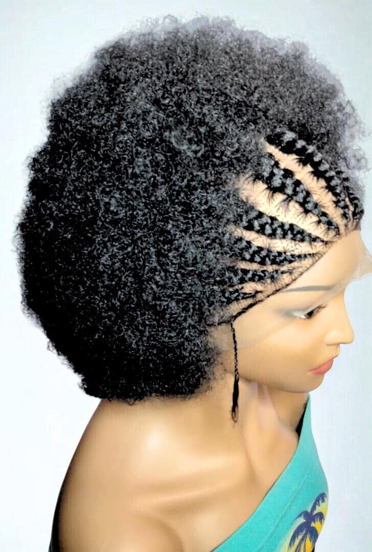 Black Kinky Natural Afro Updo Braided Wig. Full Lace with Baby Hair.