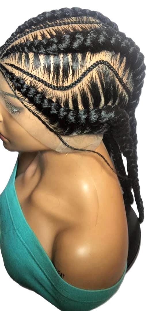 Black Braided Wig. Stitch Cornrow Braids. Full Lace Baby Hair Ghana Braids
