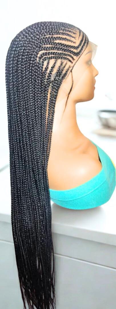 Black Braided Wig. Cornrow with Single Braids. Full Lace With Baby Hair