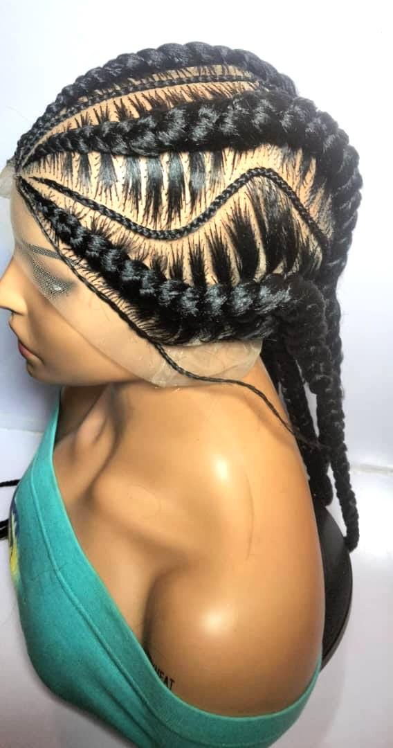 Black Braided Wig. Stitch Cornrow Braids. Full Lace Baby Hair Ghana Braids