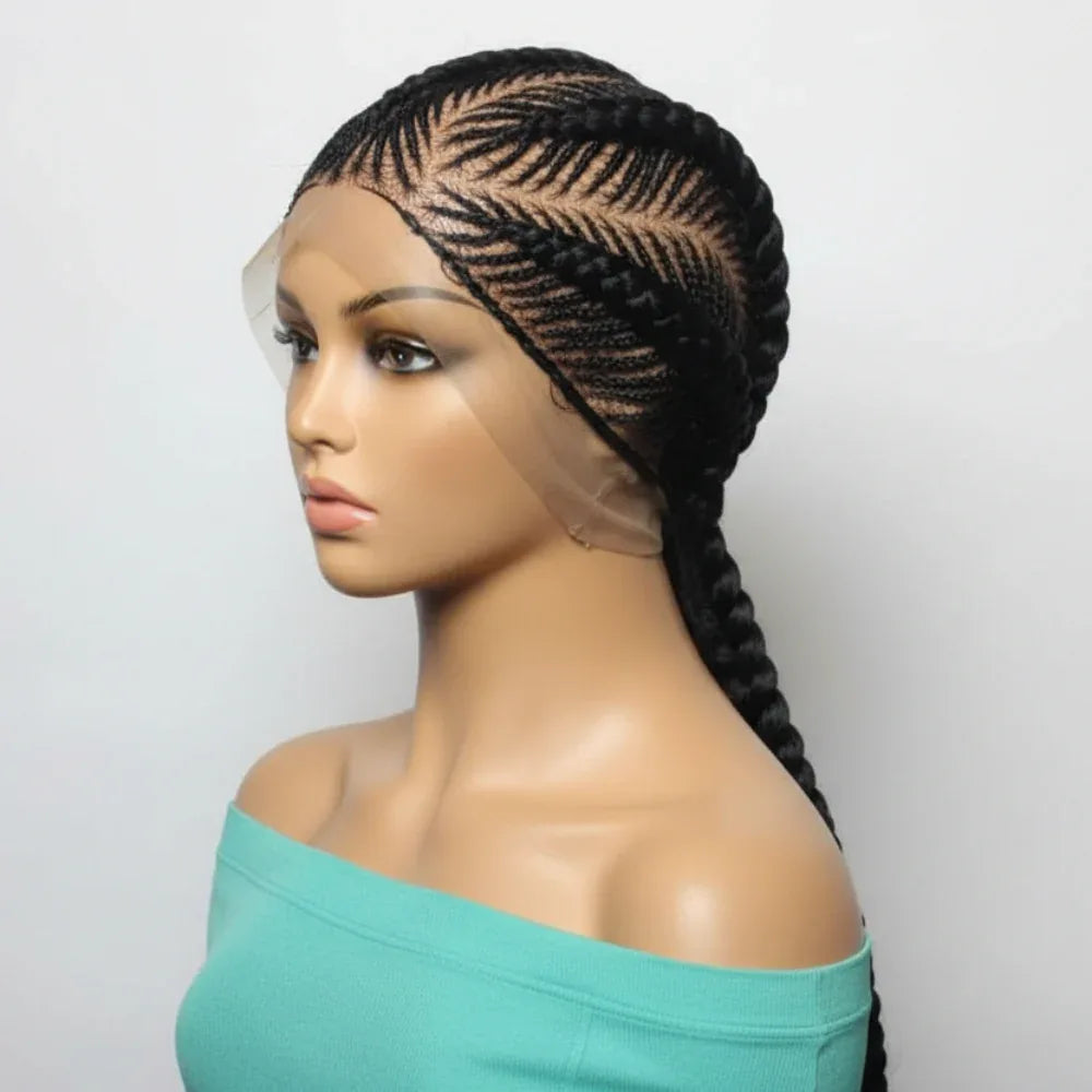 Black Braided Wig. Long Jumbo Cornrow Braids. Full Lace Baby Hair, Lemonade Braids. - EC Braided Wigs