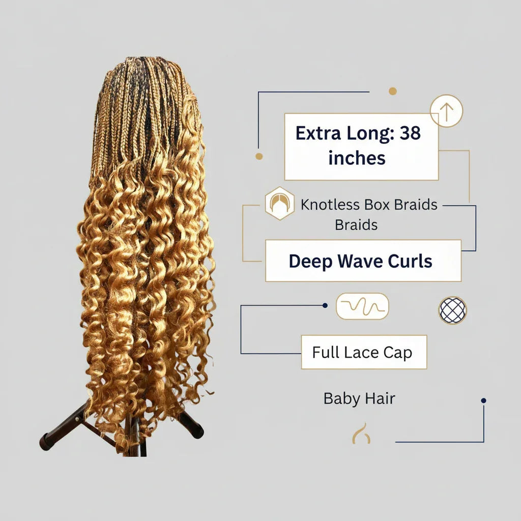 Knotless Box Braids Braided Wig, with Deep Waves Curls. Full Lace Baby Hair - EC Braided Wigs