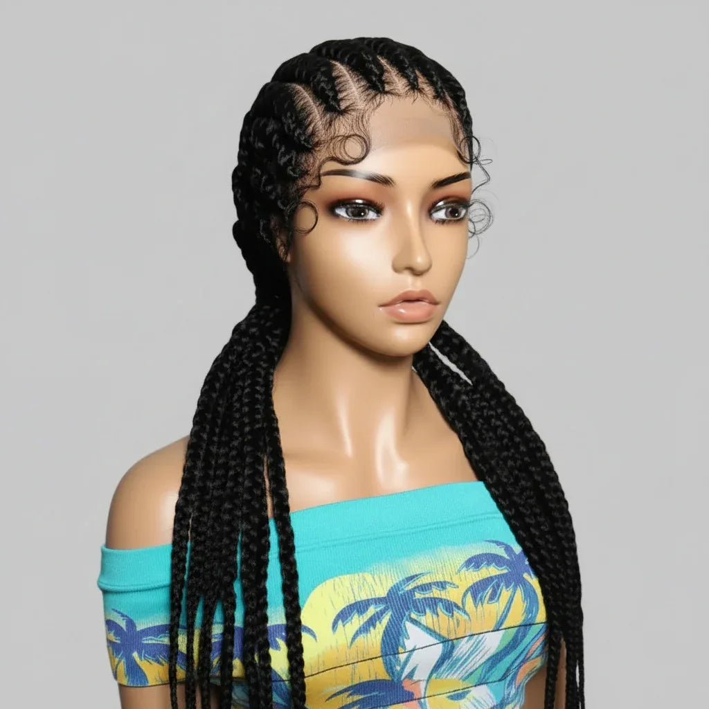Braided Wig. Cornrow Large Braids. Full Lace with Baby Hair. 38in - EC Braided Wigs